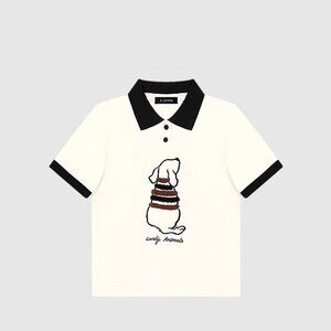 A Loveu White Puppy Embroidery Polo Neck Short Sleeve T-Shirt